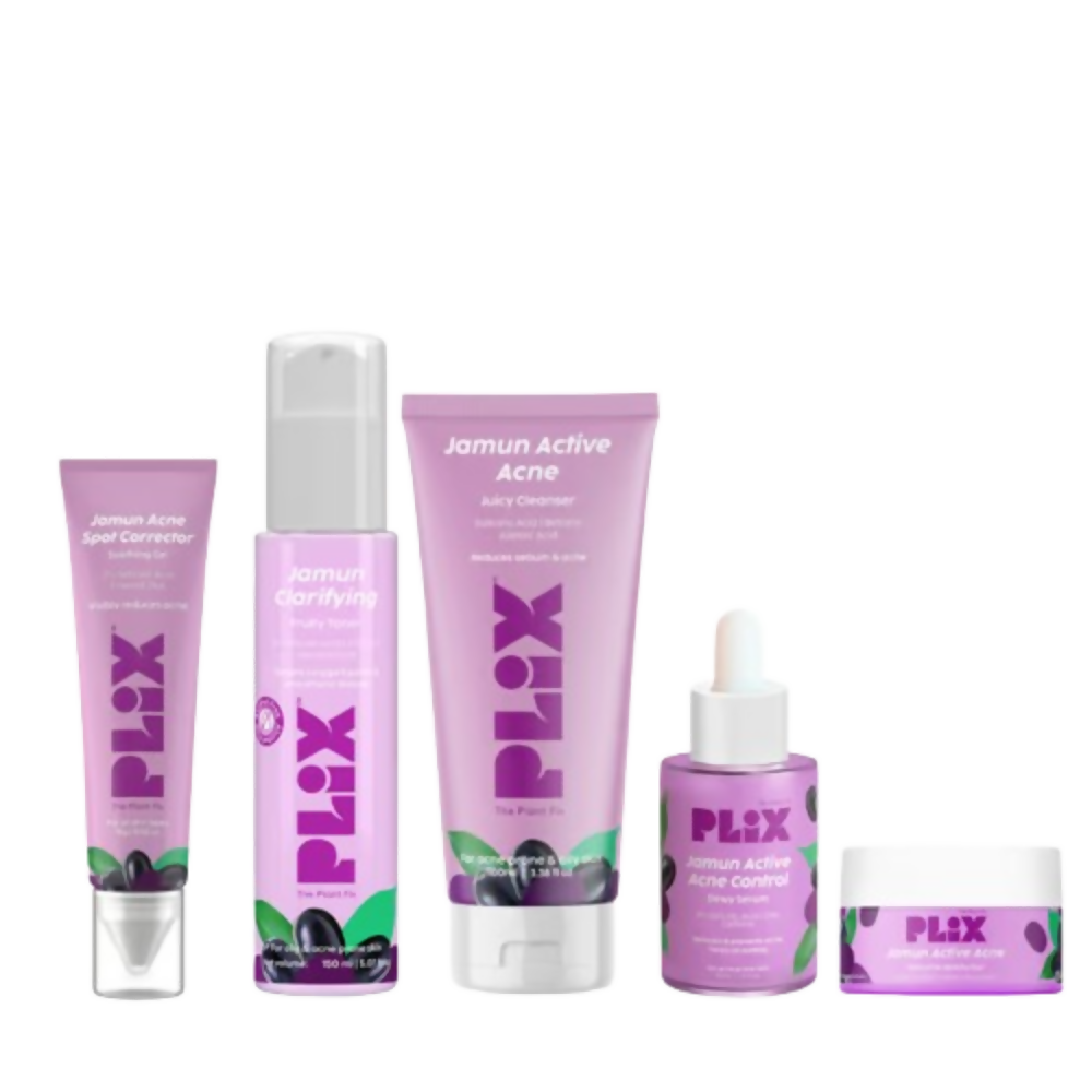 Set of Plix skincare products with purple packaging on a white background