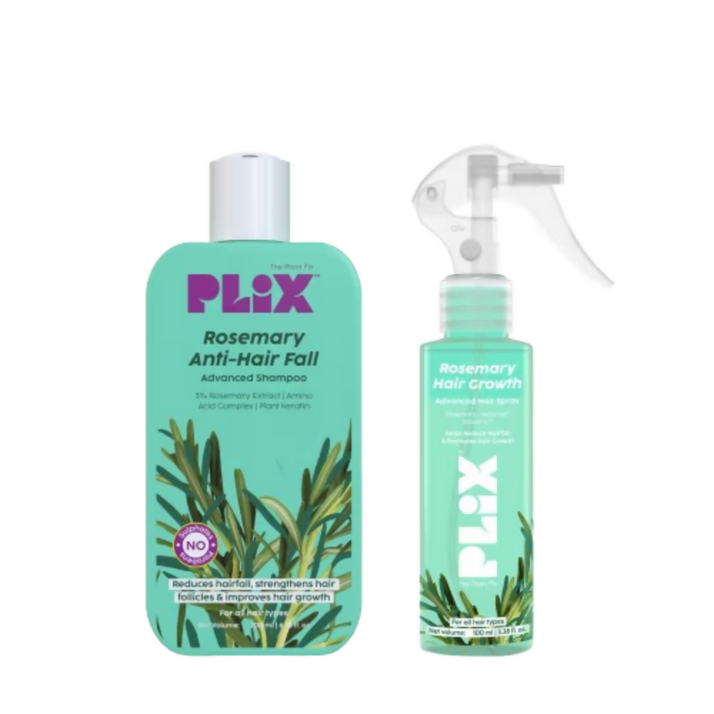 Two bottles of Plix hair care products on a white background
