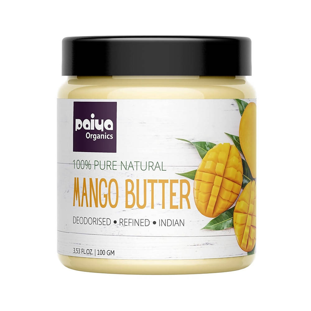 Jar of Paiya Organics mango butter with a black lid on a white background