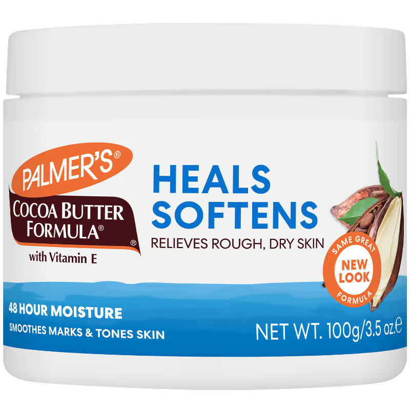Jar of Palmer's Cocoa Butter Formula with text 'Heals Softens' on a white background