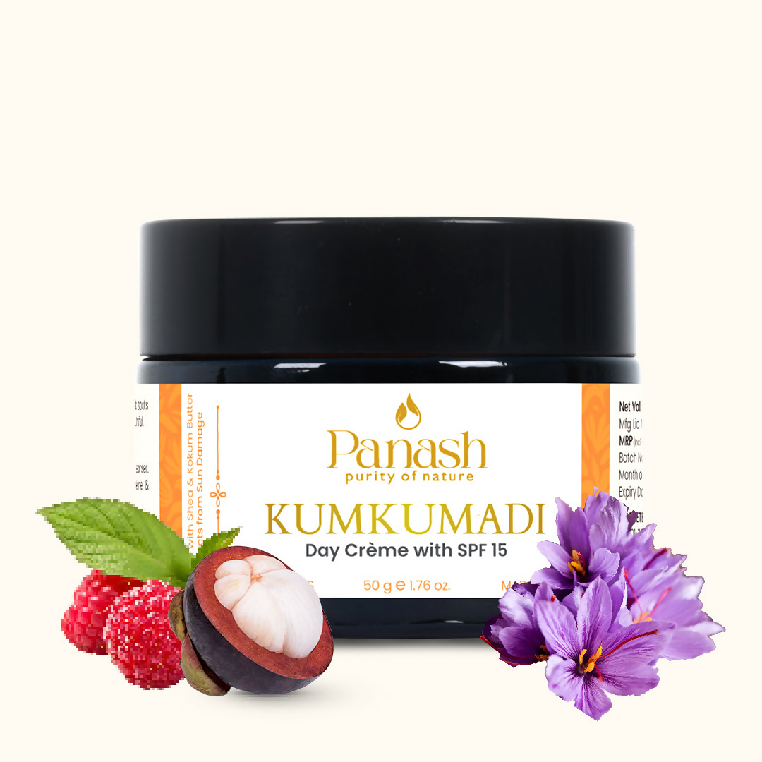 Panash Kumkumadi Day Crème with SPF 15 jar on a white background with natural ingredients displayed.