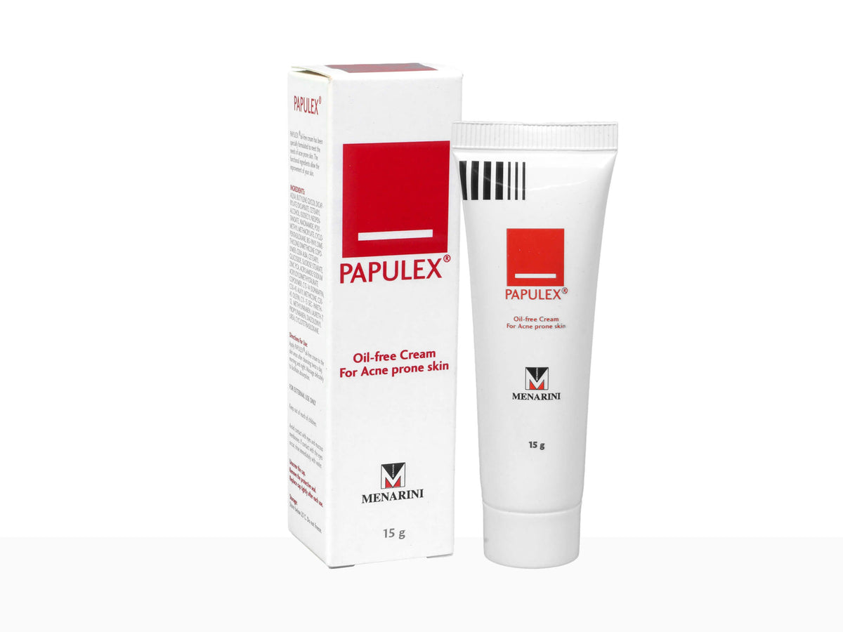Papulex oil-free cream and packaging on a white background