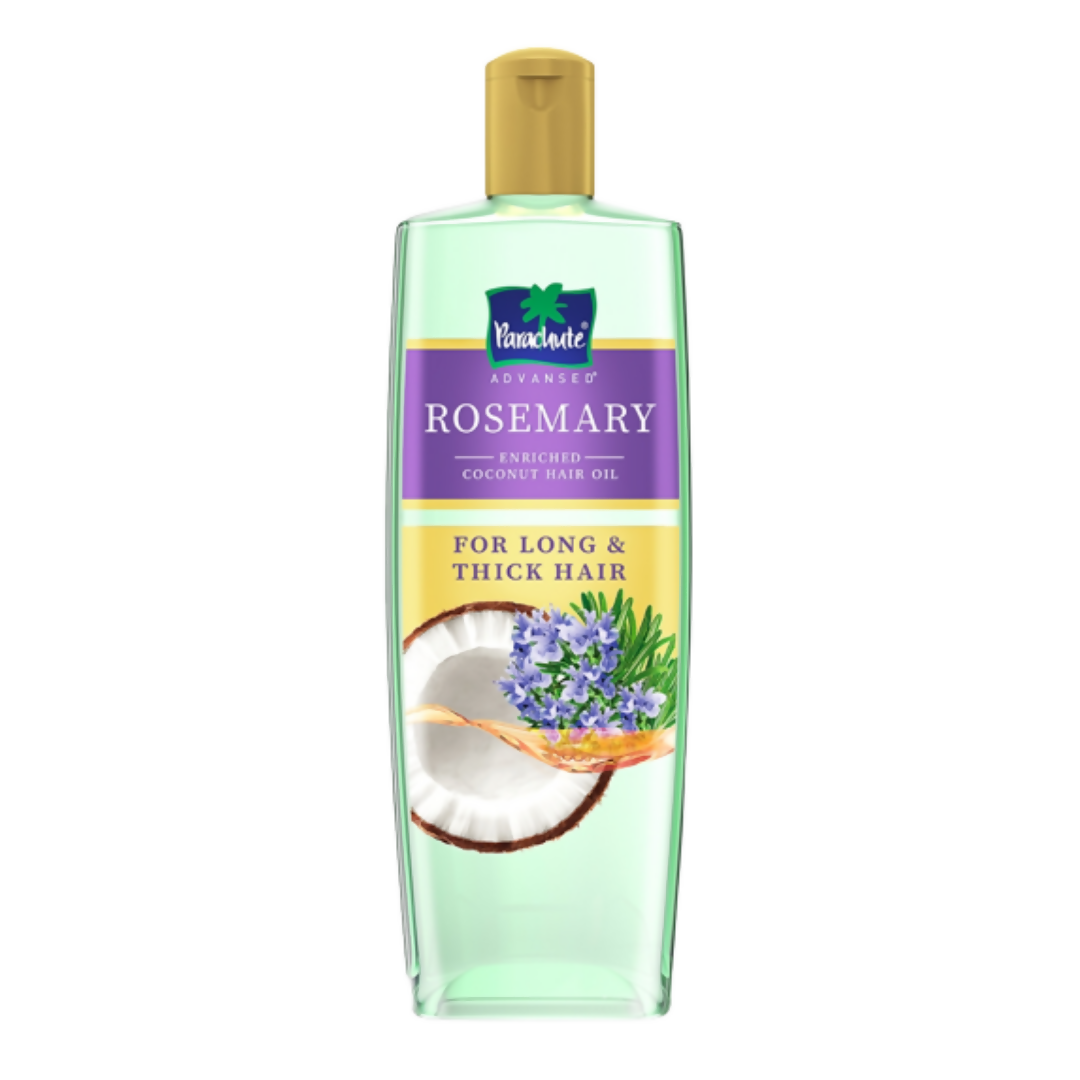 Bottle of hair oil with a purple label featuring rosemary and coconut imagery on a white background.