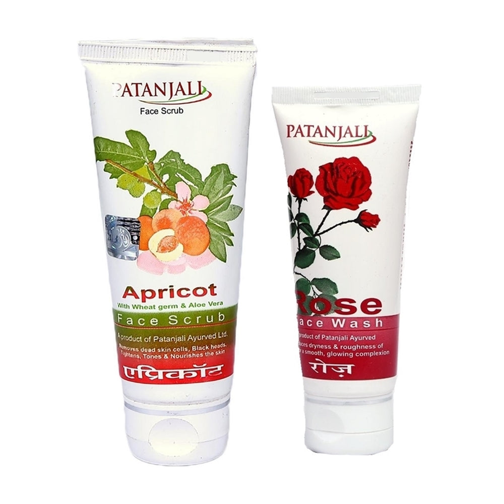 Two products from Patanjali, Apricot Face Scrub and Rose Face Wash, in white tubes with branding and floral imagery.