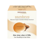 Patanjali Saundarya Mysore Super Sandal Body Cleanser packaging with product information and branding visible.