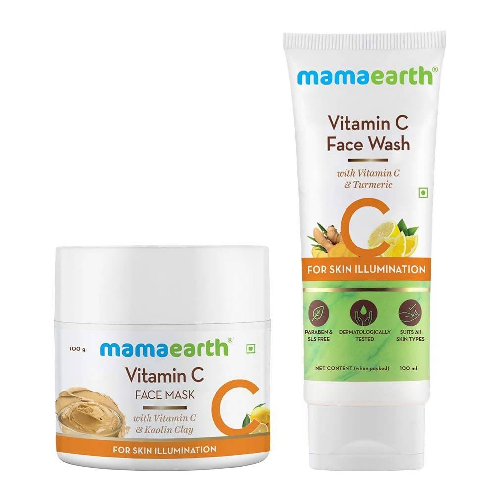 Mamaearth Vitamin C face wash and face mask packaging, with product information and logos.