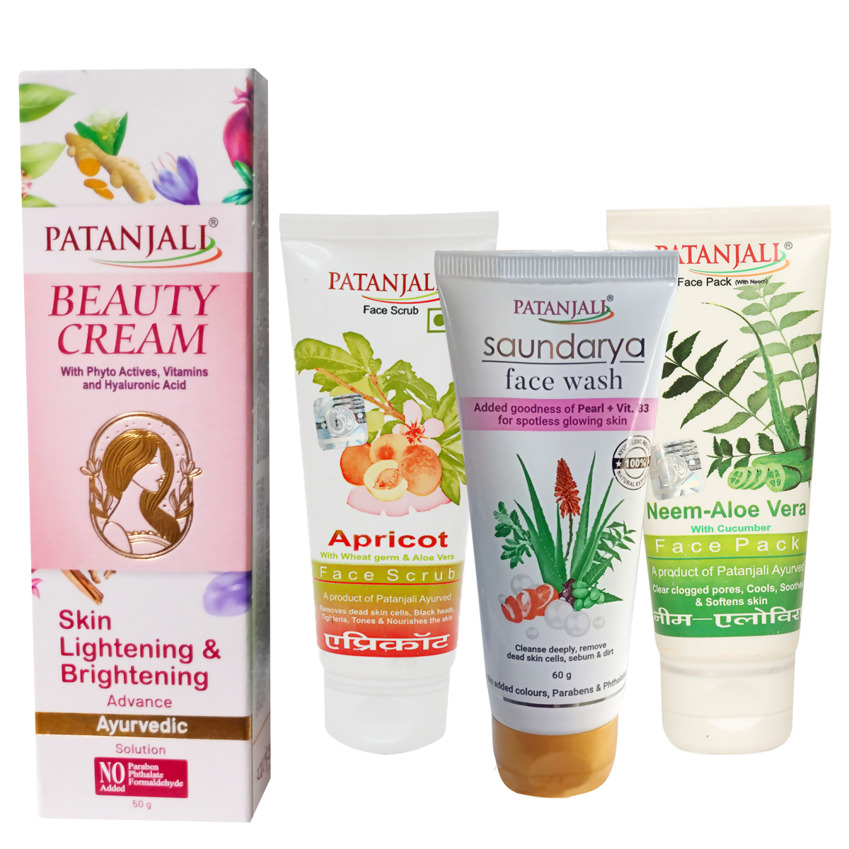 Patanjali skincare products including cream, scrub, face wash, and face pack on a white background
