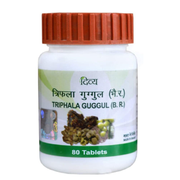 Triphala Guggul B.R. supplement bottle with red cap on a white background