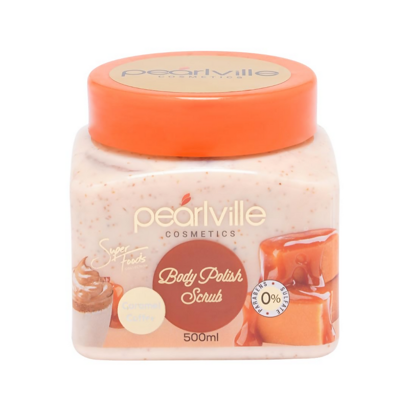 Jar of Pearlville Cosmetics Body Polish Scrub with orange lid on a white background