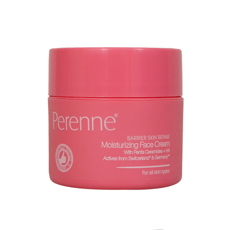 Pink jar of Perenne moisturizing face cream on a white background
