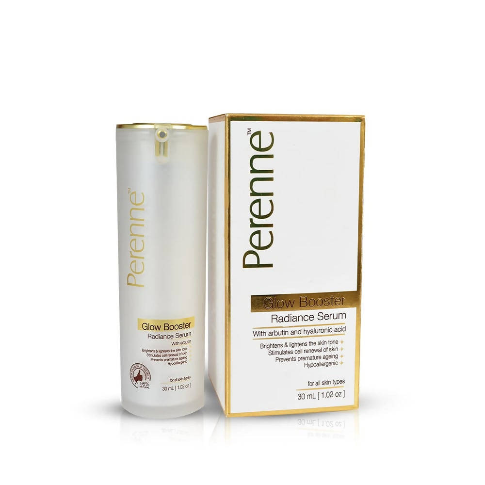 Perenne Glow Booster Radiance Serum bottle and packaging on a white background