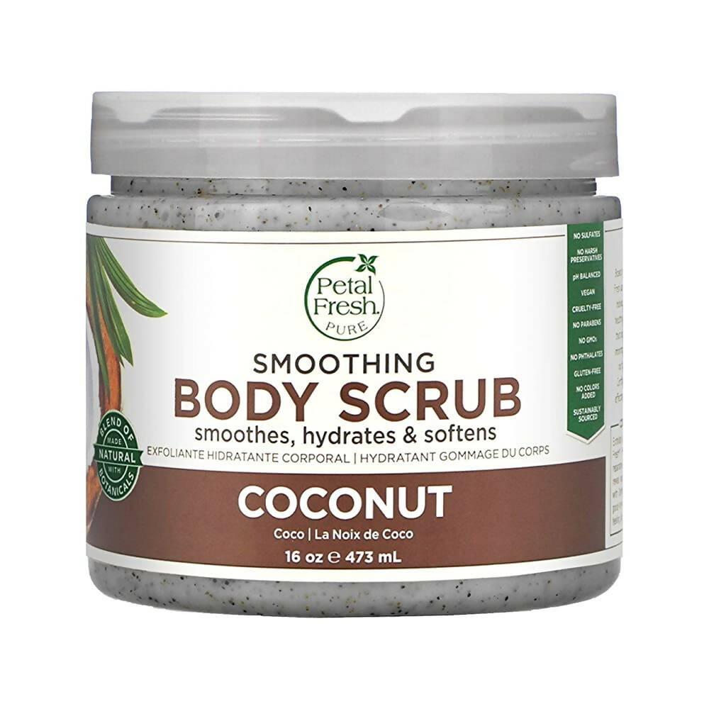 Jar of Petal Fresh Smoothing Body Scrub with coconut flavor on a white background