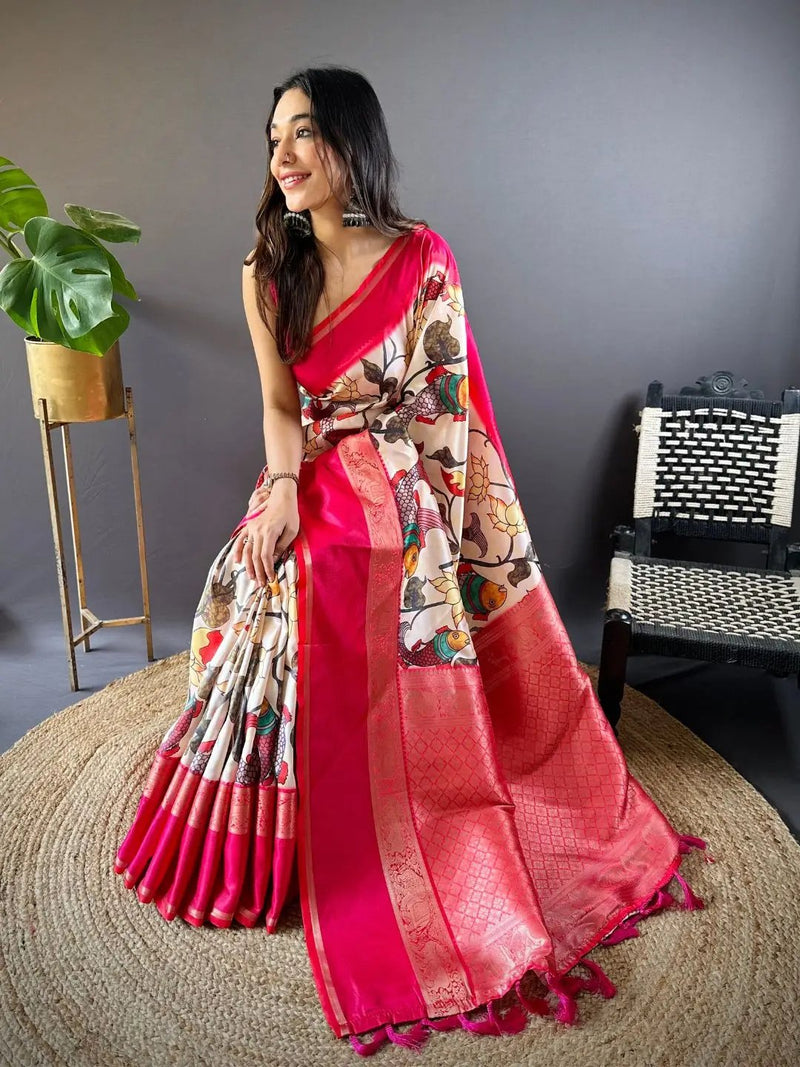 Ivory Silk Symphony Kalmkari Saree