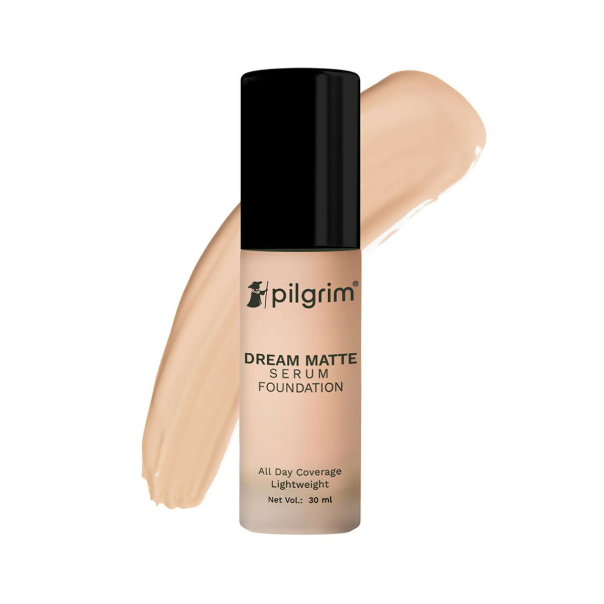 Pilgrim Dream Matte Serum Foundation bottle with a swatch on a white background