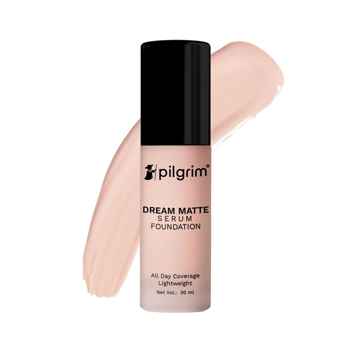 Pilgrim Dream Matte Serum Foundation bottle with black cap on a white background