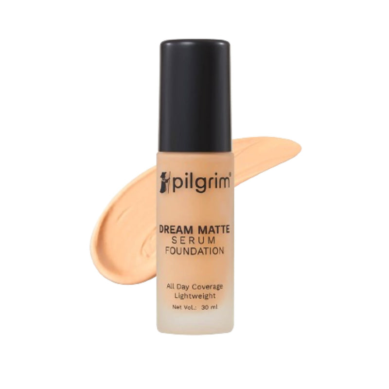 Pilgrim Dream Matte Serum Foundation bottle with a swatch on a white background