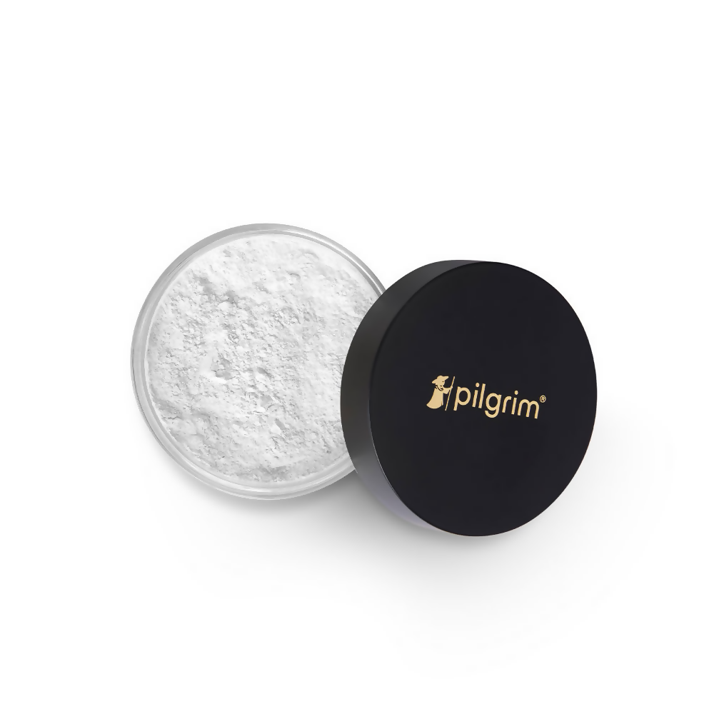 Open container of white powder with black lid featuring 'pilgrim' brand on a white background
