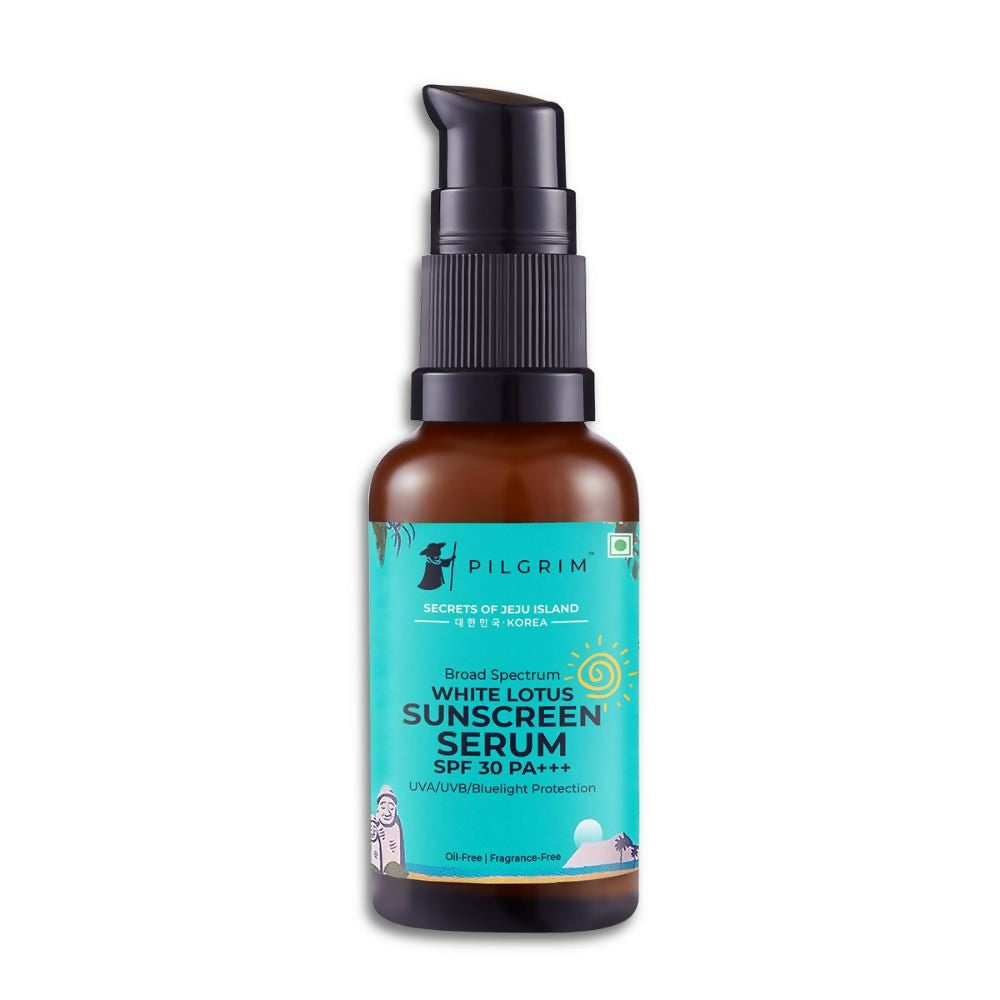 Sunscreen serum bottle with blue label on a white background