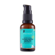 Sunscreen serum bottle with blue label on a white background