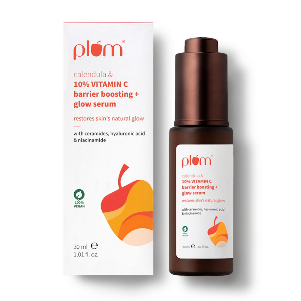 Plum Calendula & Vitamin C serum with packaging on a white background
