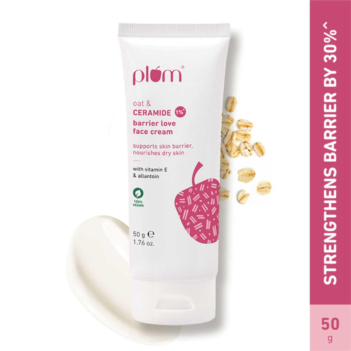 Plum Oat & Ceramide Barrier Love Face Cream tube with ingredients on a white background