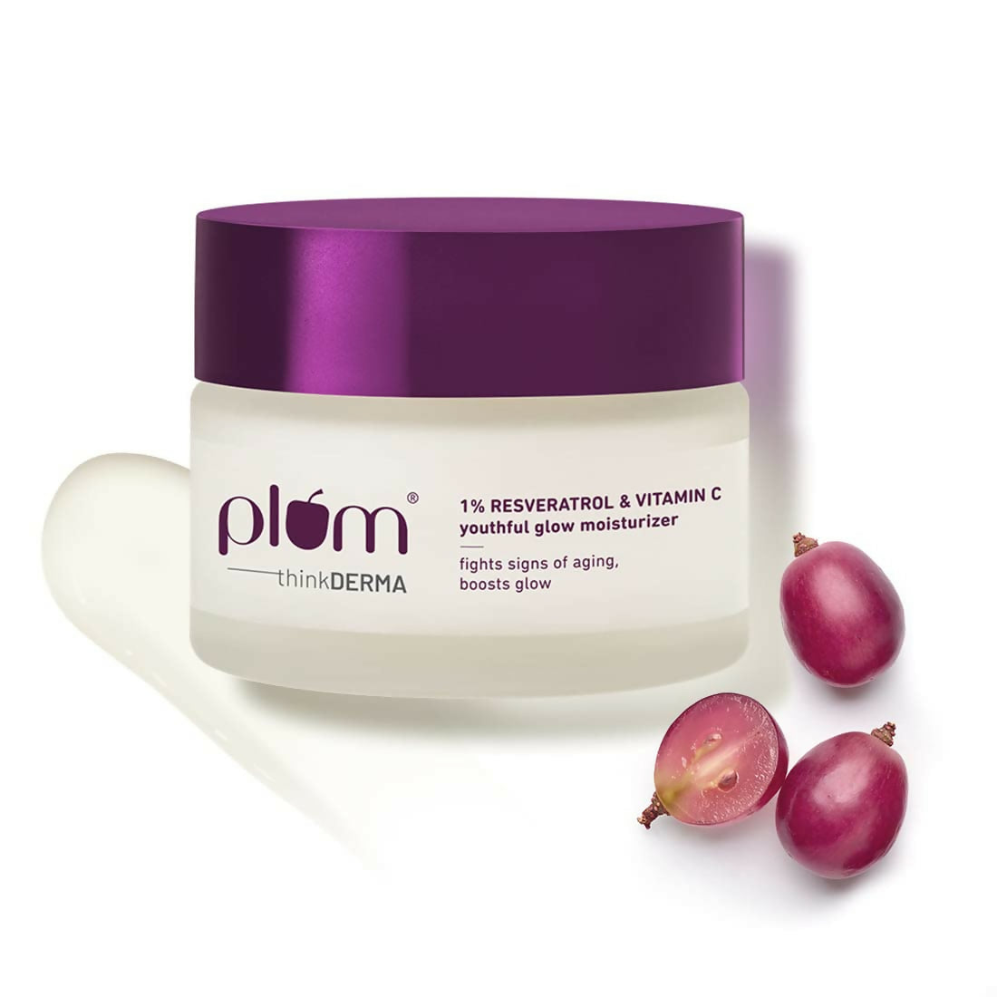 Plum thinkDERMA moisturizer jar with purple lid and grapes on a white background