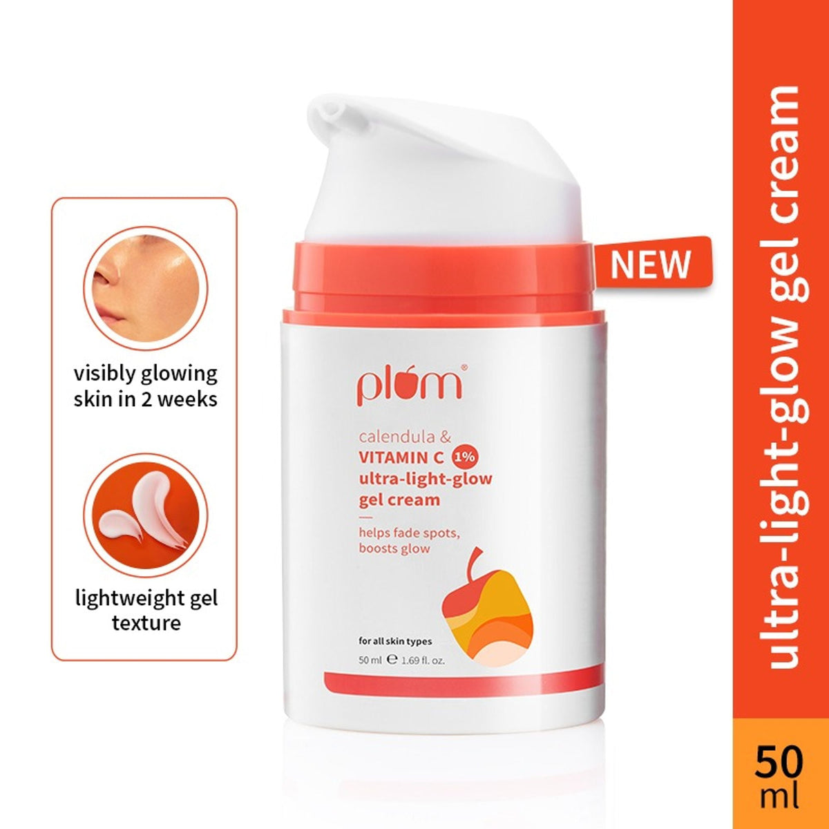 Plum ultra-light-glow gel cream with packaging details on a white background