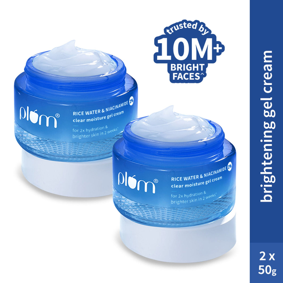 Two blue jars of plum brightening gel cream with text on a white background