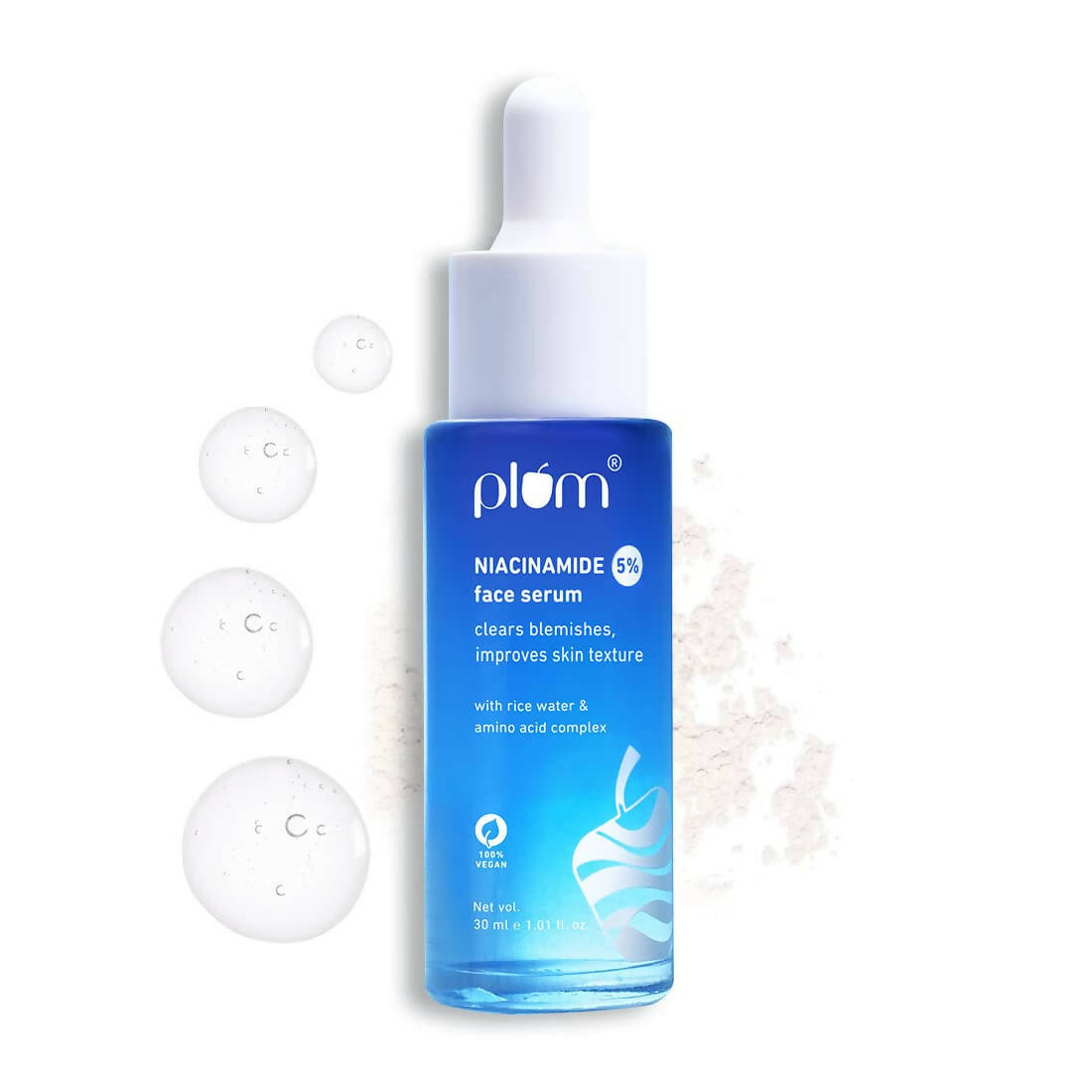 Blue face serum bottle with white cap on a white background