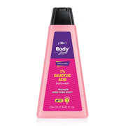Pink bottle of Body Luv body wash with purple label on a white background