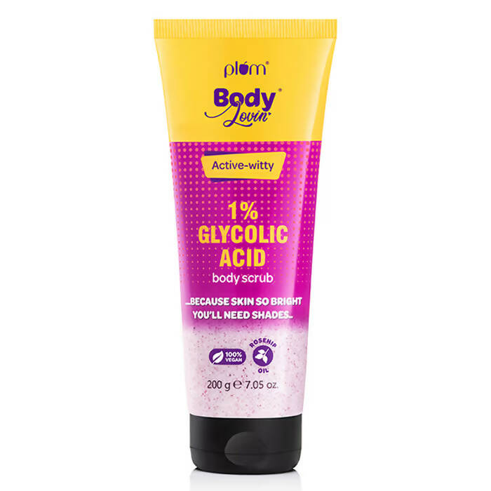 Tube of Plum Body Lovin' body scrub with yellow and pink design on a white background
