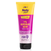 Tube of Plum Body Lovin' body scrub with yellow and pink design on a white background