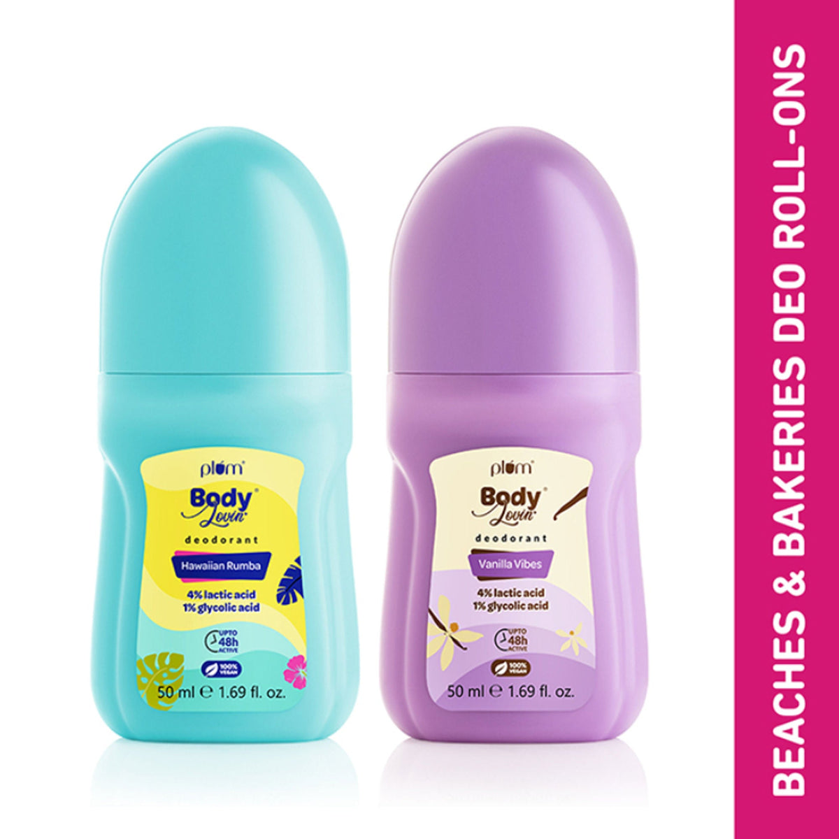 Two deodorant bottles, one blue and one purple, with labels on a white background.