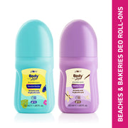Two deodorant bottles, one blue and one purple, with labels on a white background.