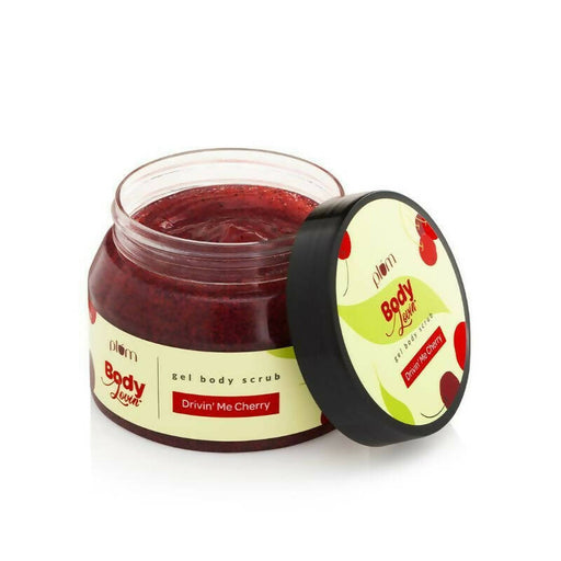 Jar of gel body scrub with cherry design on a white background