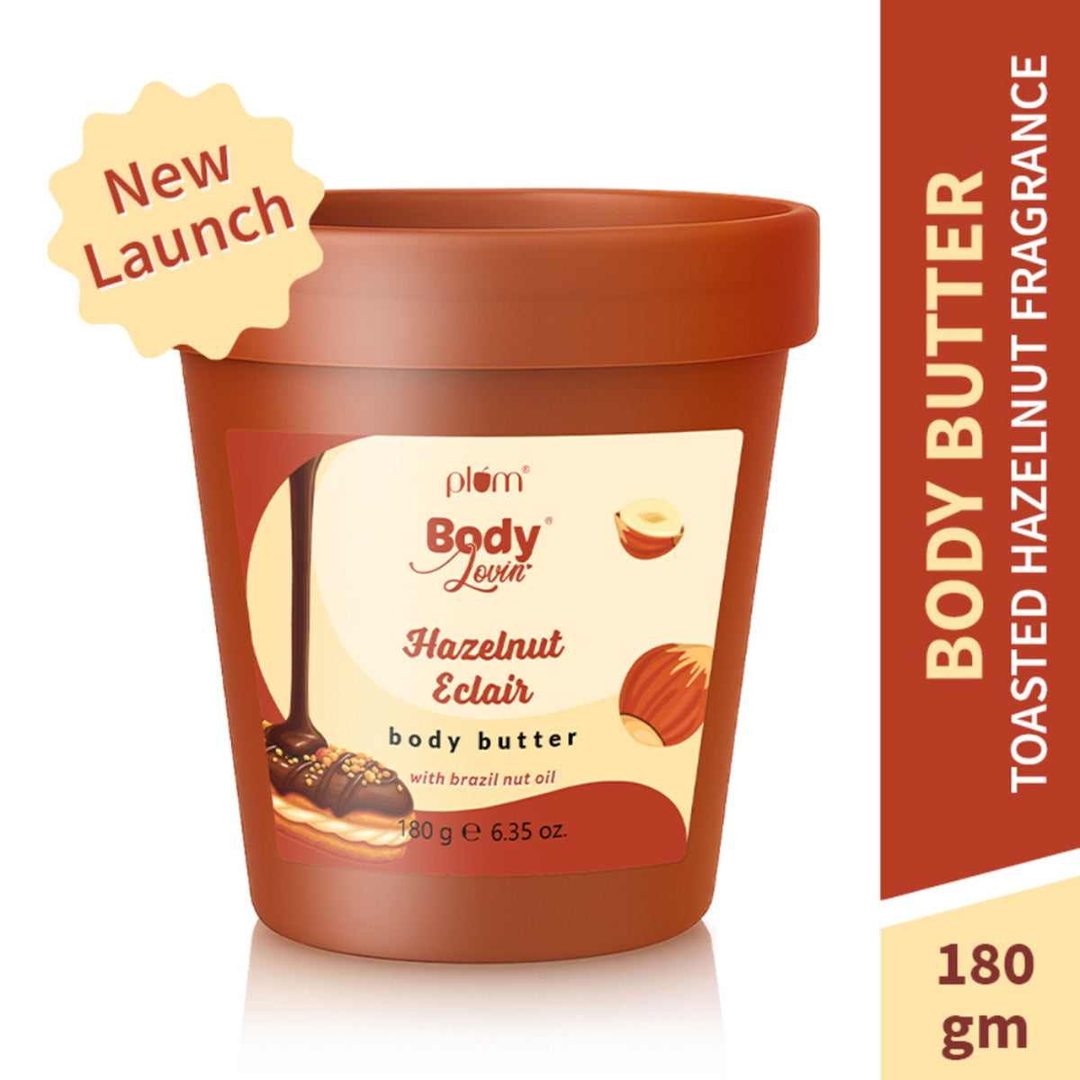 Body butter container with hazelnut eclair flavor on a white background