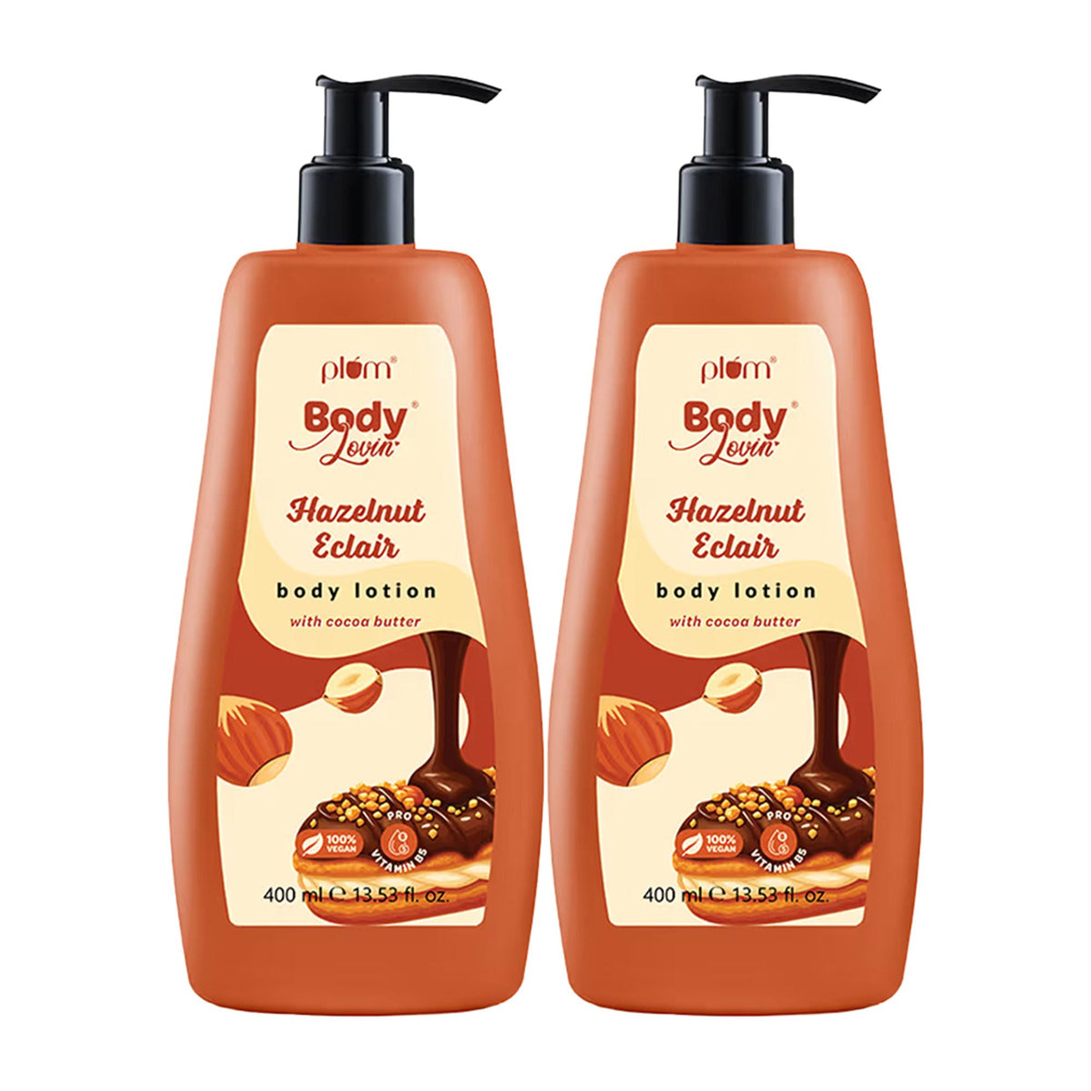 Two bottles of Plum Body Lotion Hazelnut Eclair on a white background