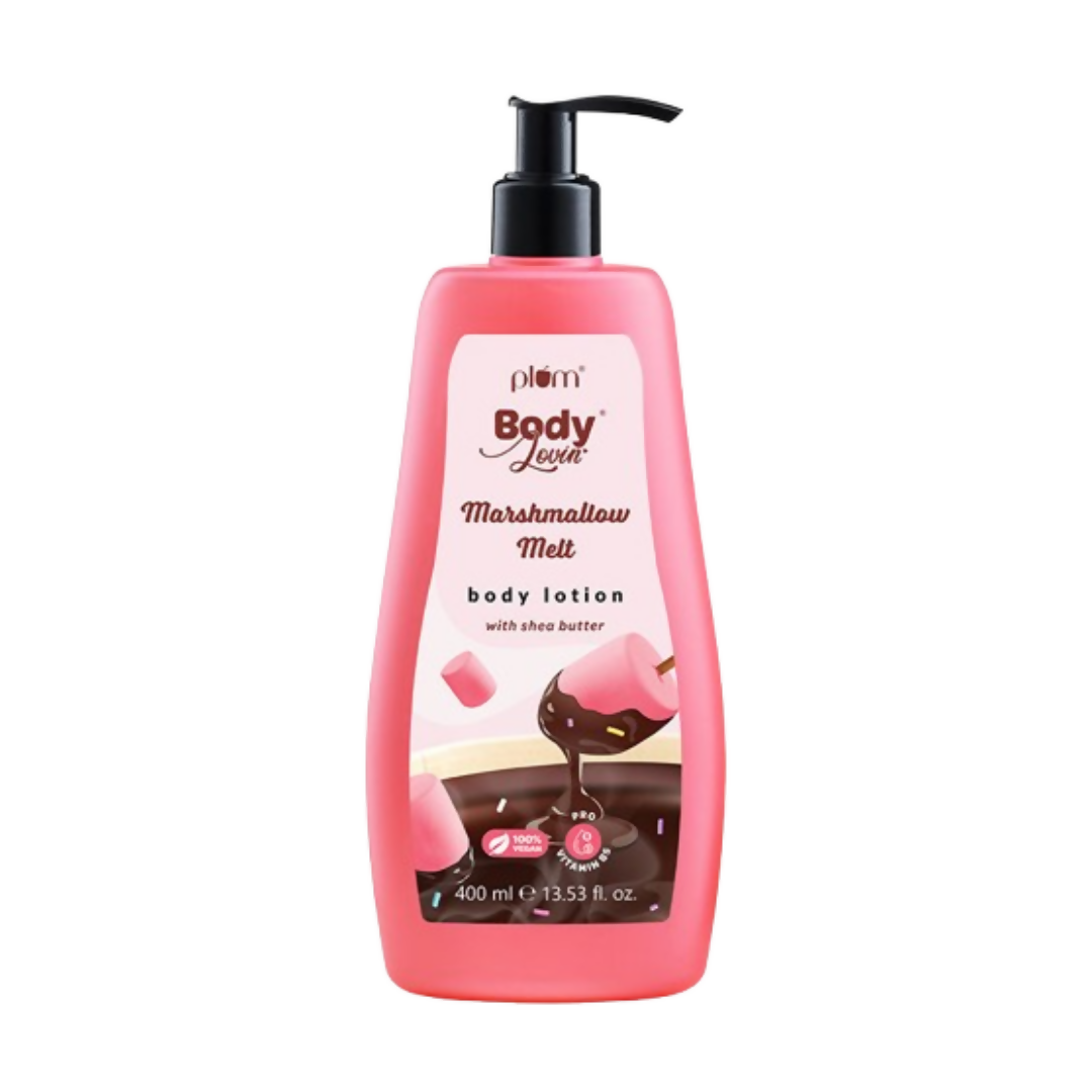 Pink body lotion bottle with pump labeled 'Body Lotion Marshmallow Melt' on a white background
