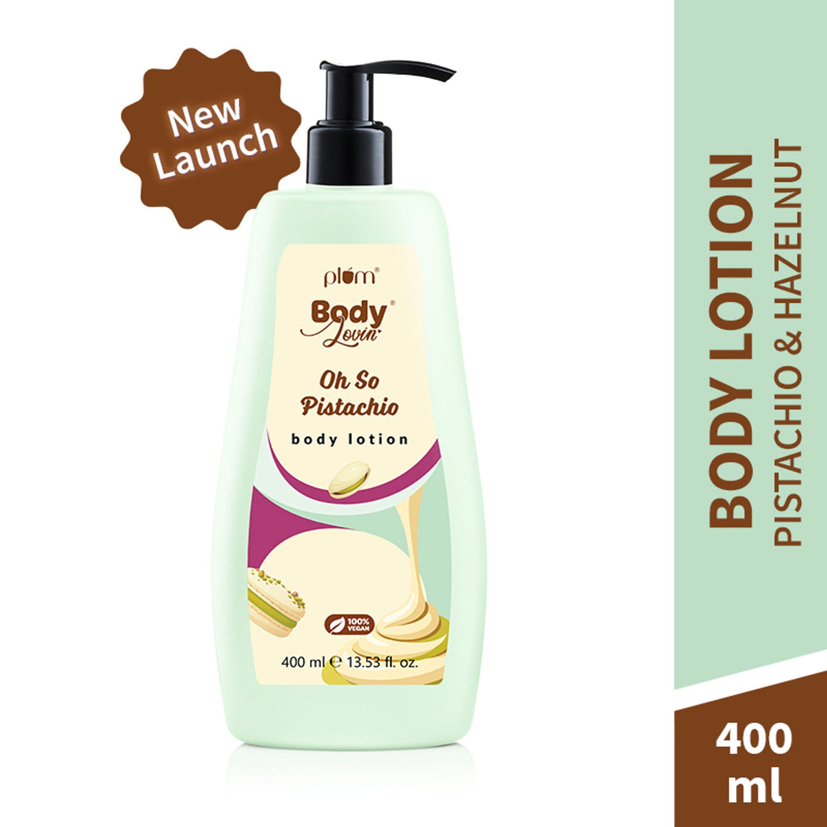 Body lotion bottle with pump dispenser labeled 'Oh So Pistachio' on a white background