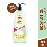 Body lotion bottle with pump dispenser labeled 'Oh So Pistachio' on a white background