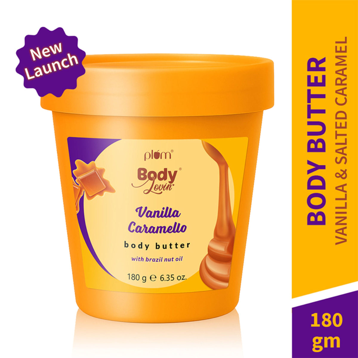 Orange container of Body Luvin Vanilla Caramello body butter with label and 'New Launch' tag.
