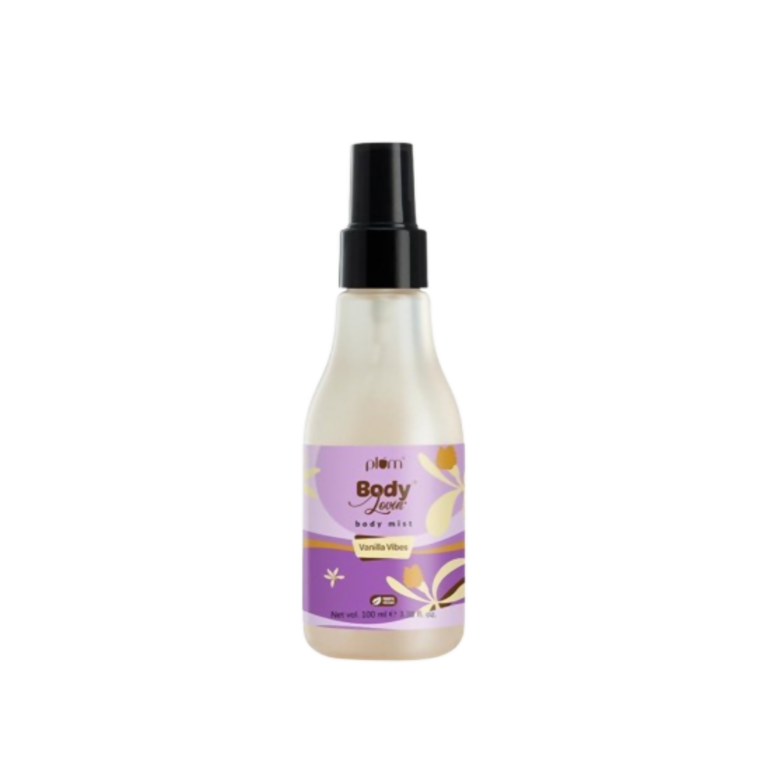 Body mist bottle with a purple label on a white background