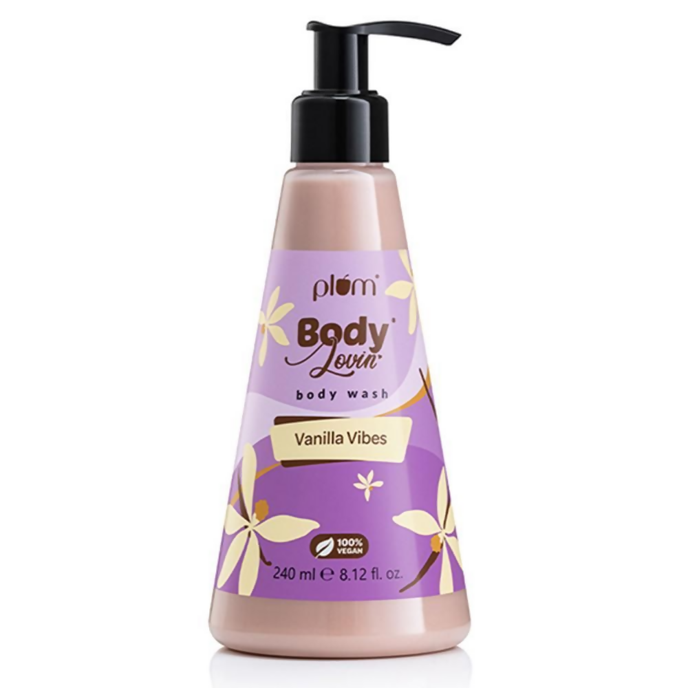 Body wash bottle with purple label and floral design on a white background