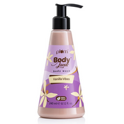 Body wash bottle with purple label and floral design on a white background