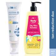 Sunscreen tube and body lotion bottle with 'plum' branding on a white background