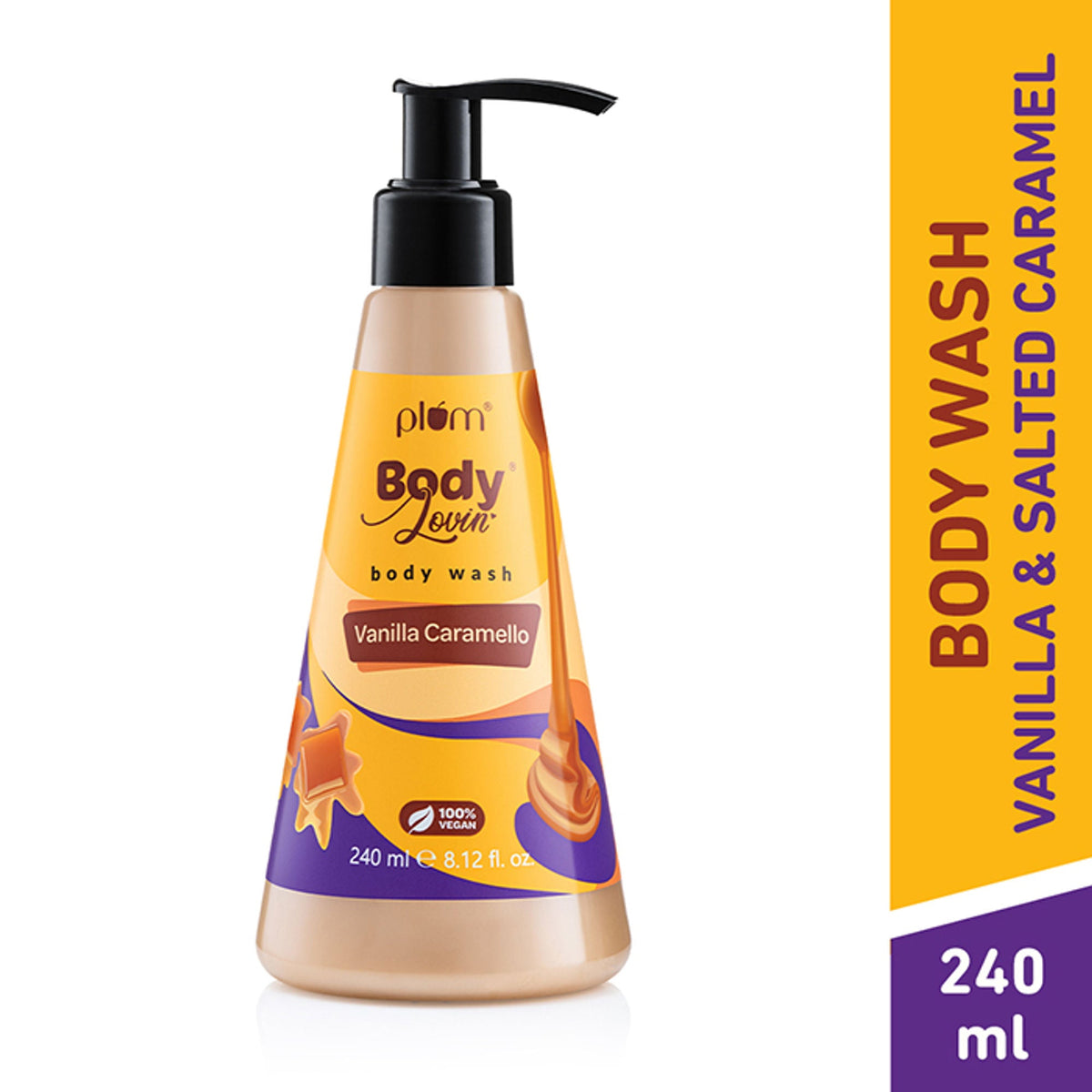 Bottle of Plum Vanilla Caramel body wash on a white background