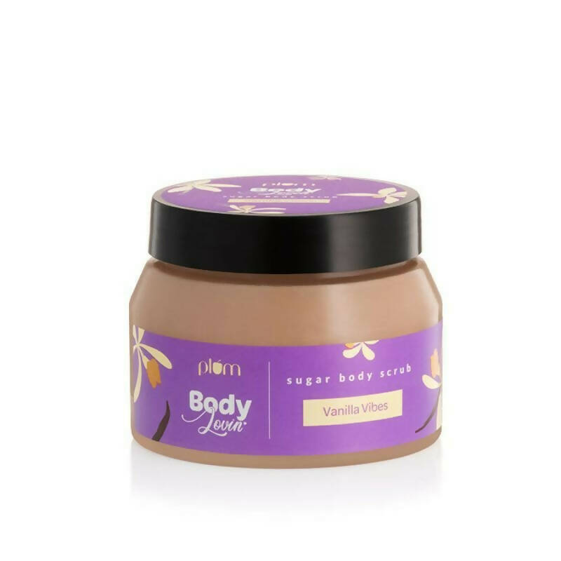 Jar of Plum Body Luv sugar body scrub with purple label on a white background