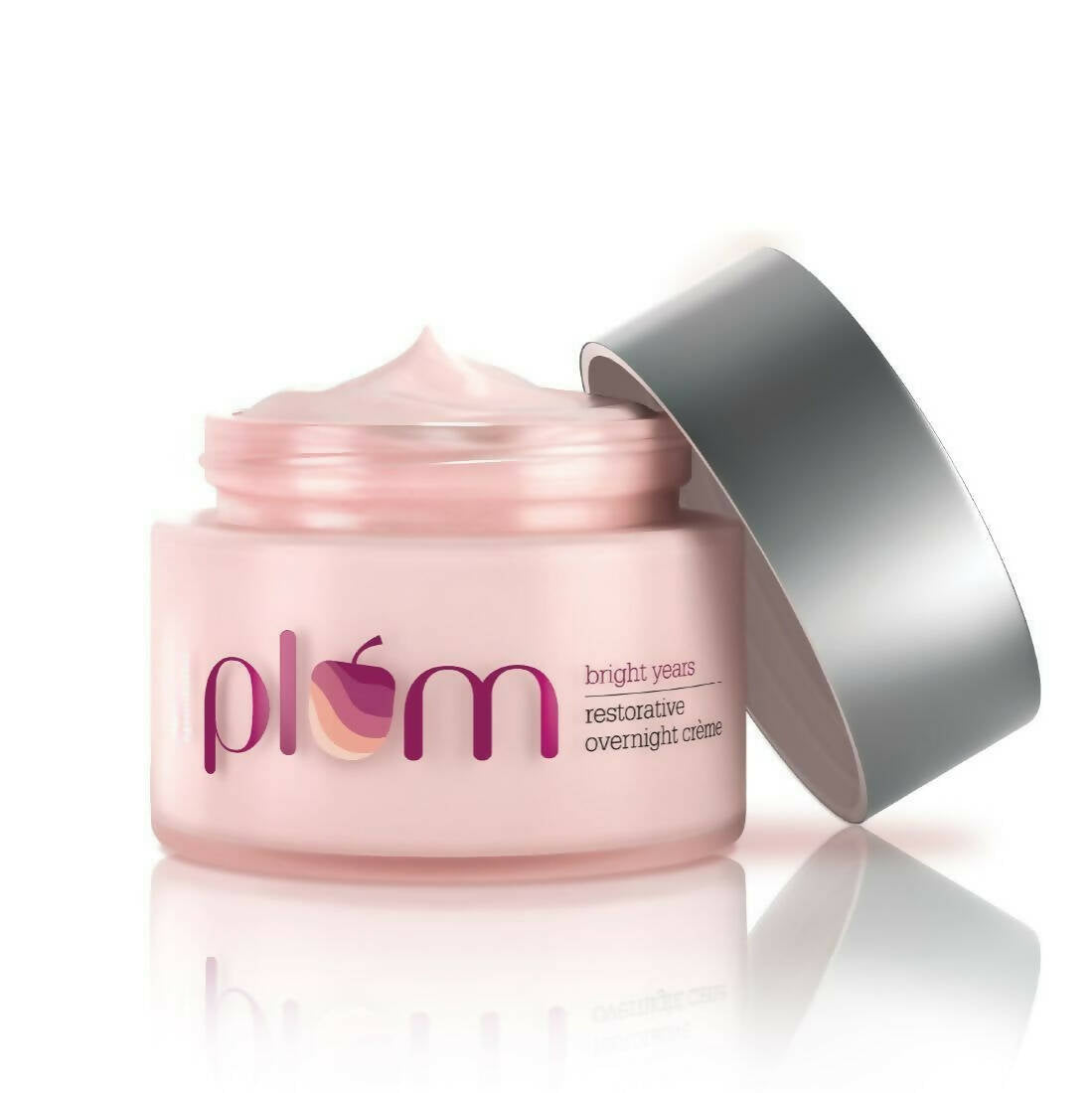 Pink skincare cream jar with 'plum' branding on a white background
