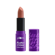 Plum butter crème matte lipstick with purple packaging on a white background