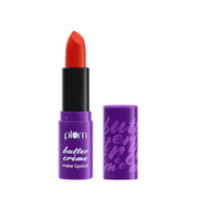 Red lipstick in a purple case with 'plum' branding on a white background